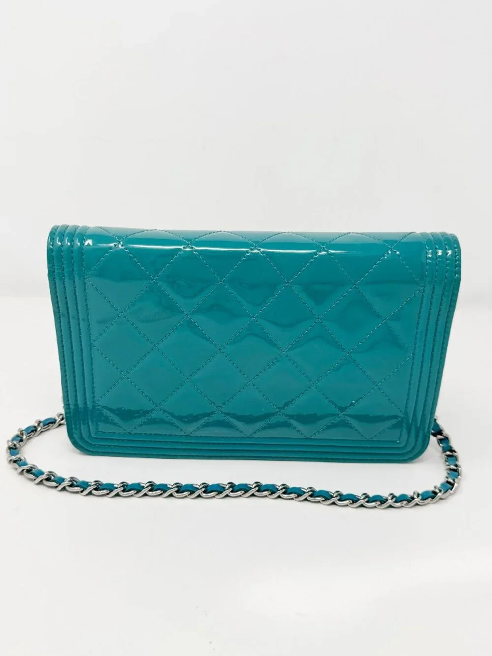 Chanel Turquoise Quilted Patent Leather Wallet on Chain